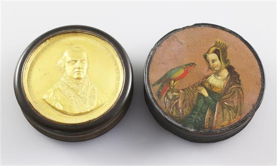 An 18th century bois durci snuff box & papier mache snuff box